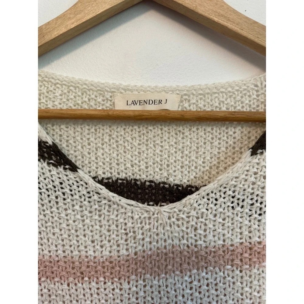 Lavender J Cream and Brown Striped  Oversized Open Knit Sweater Relaxed - Picture 3 of 7